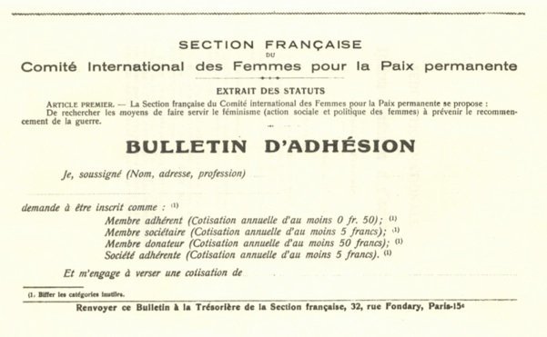 Bulletin d'adhésion de la section française du Comité international des Femmes pour la Paix permanente, 1915.